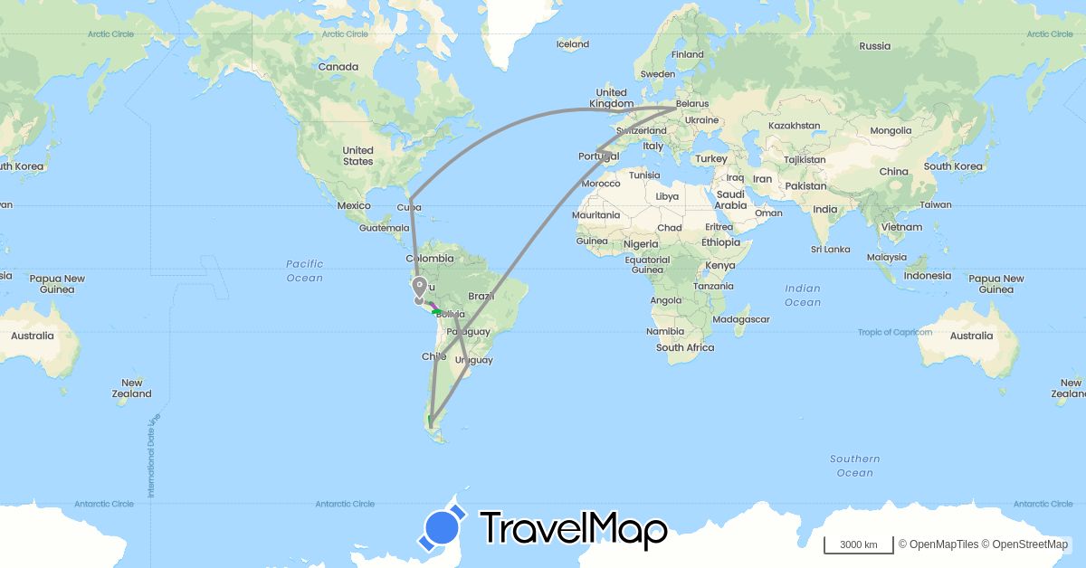 TravelMap itinerary: driving, bus, plane, train, hiking in Argentina, Bolivia, Chile, Spain, United Kingdom, Peru, Poland, Portugal, United States (Europe, North America, South America)